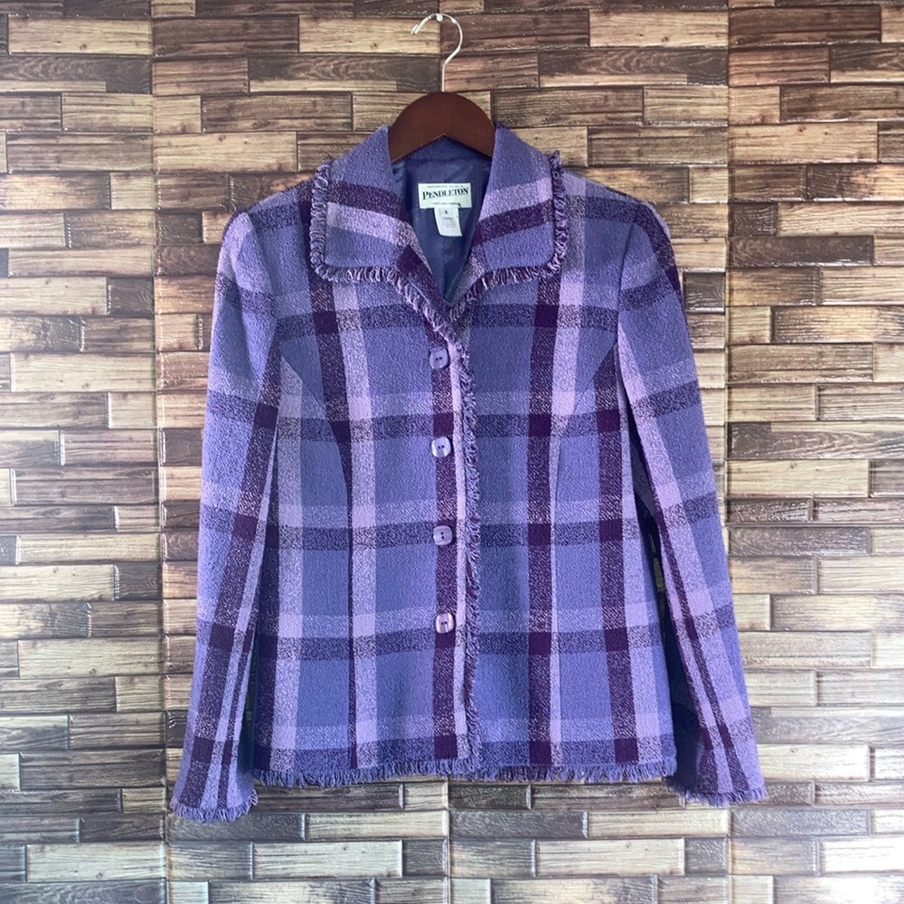Women’s EUC Pendleton Size 8 Purple Plaid Fringe Blazer Jacket